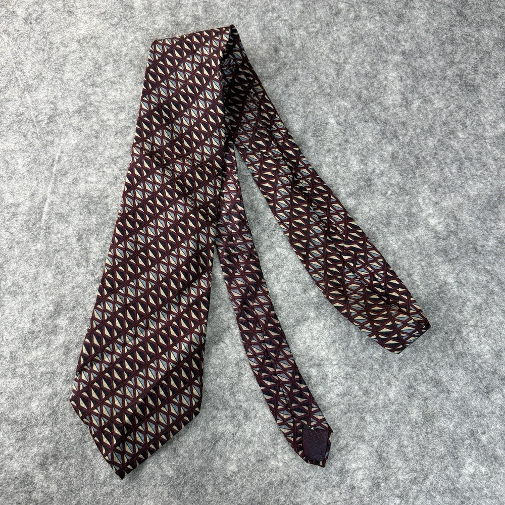 Vintage Christian Dior Monsieur Silk Men's Tie USA Geometric Burgundy Cream Blue - Picture 2 of 6